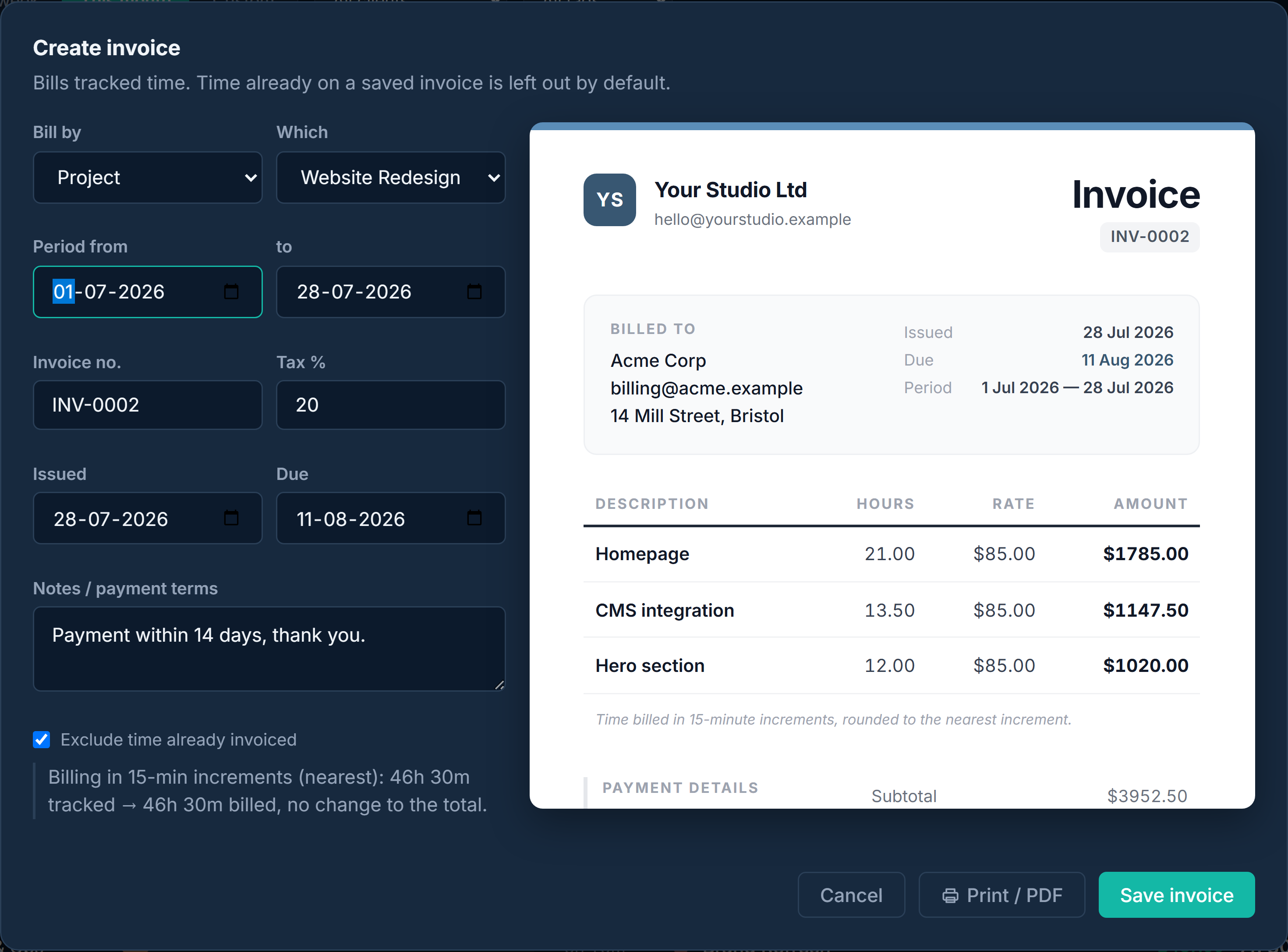 Trac invoice builder with a live invoice preview
