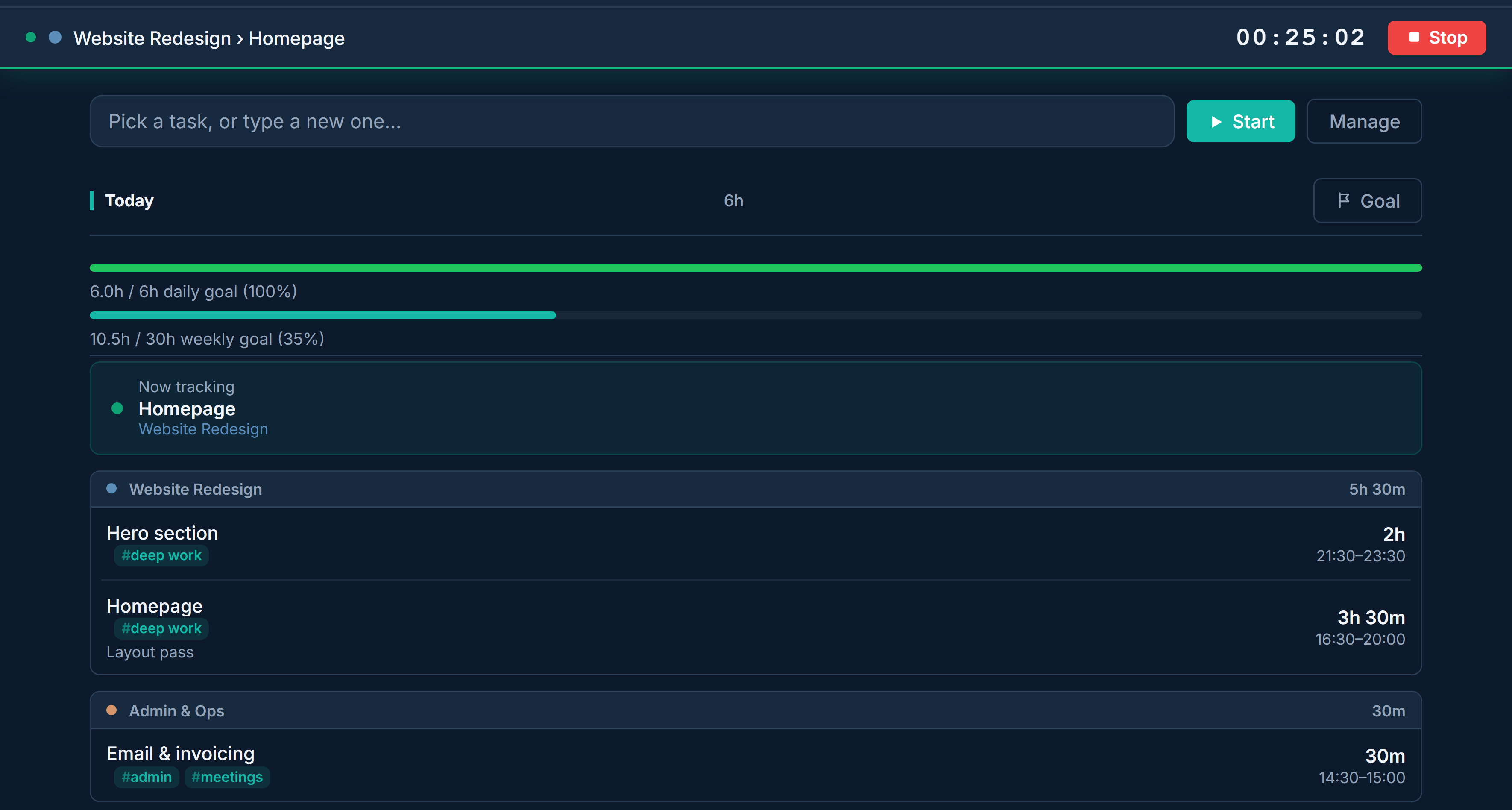 Trac Track tab with a running timer and today's grouped entries