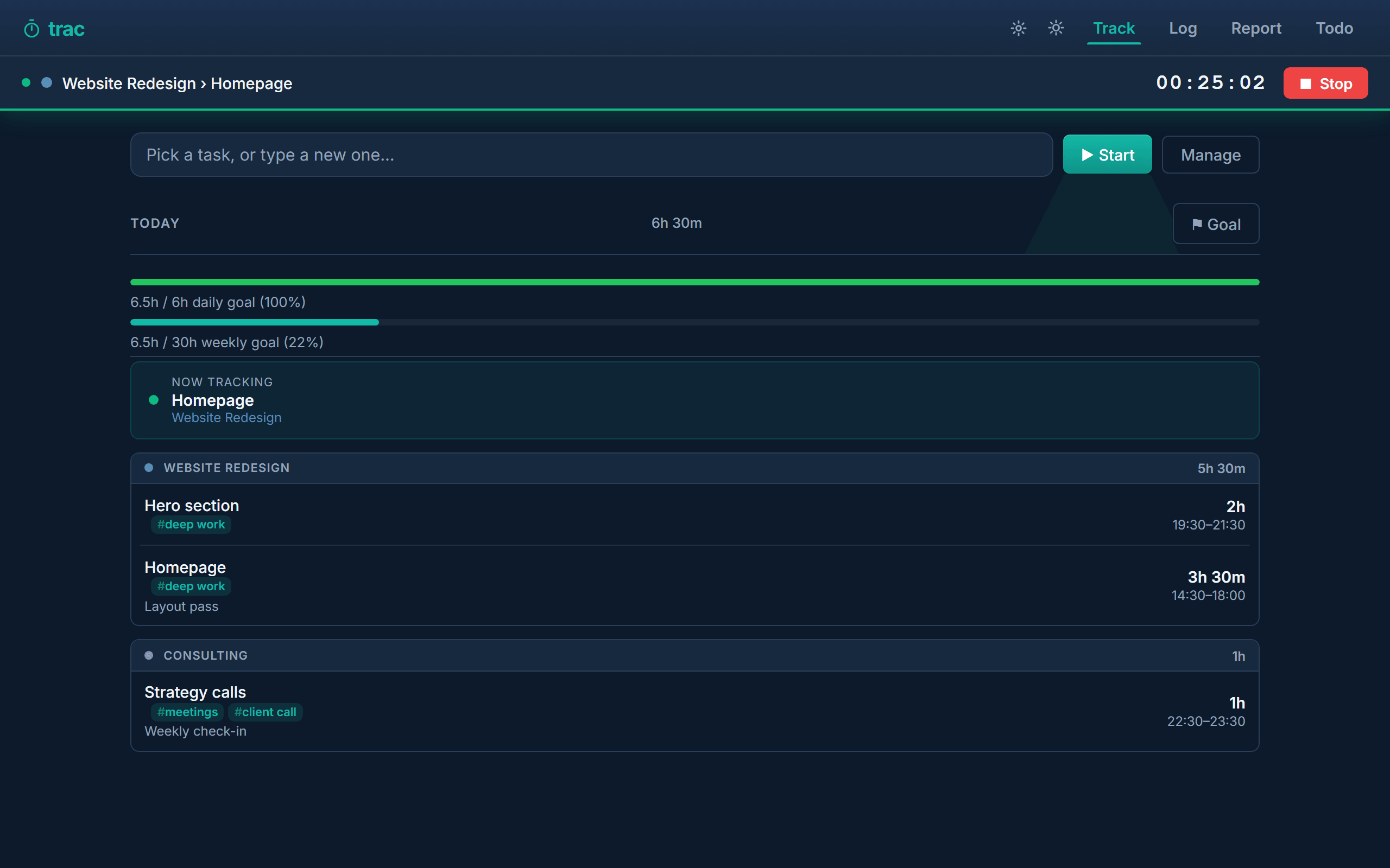 The Track tab with a timer running