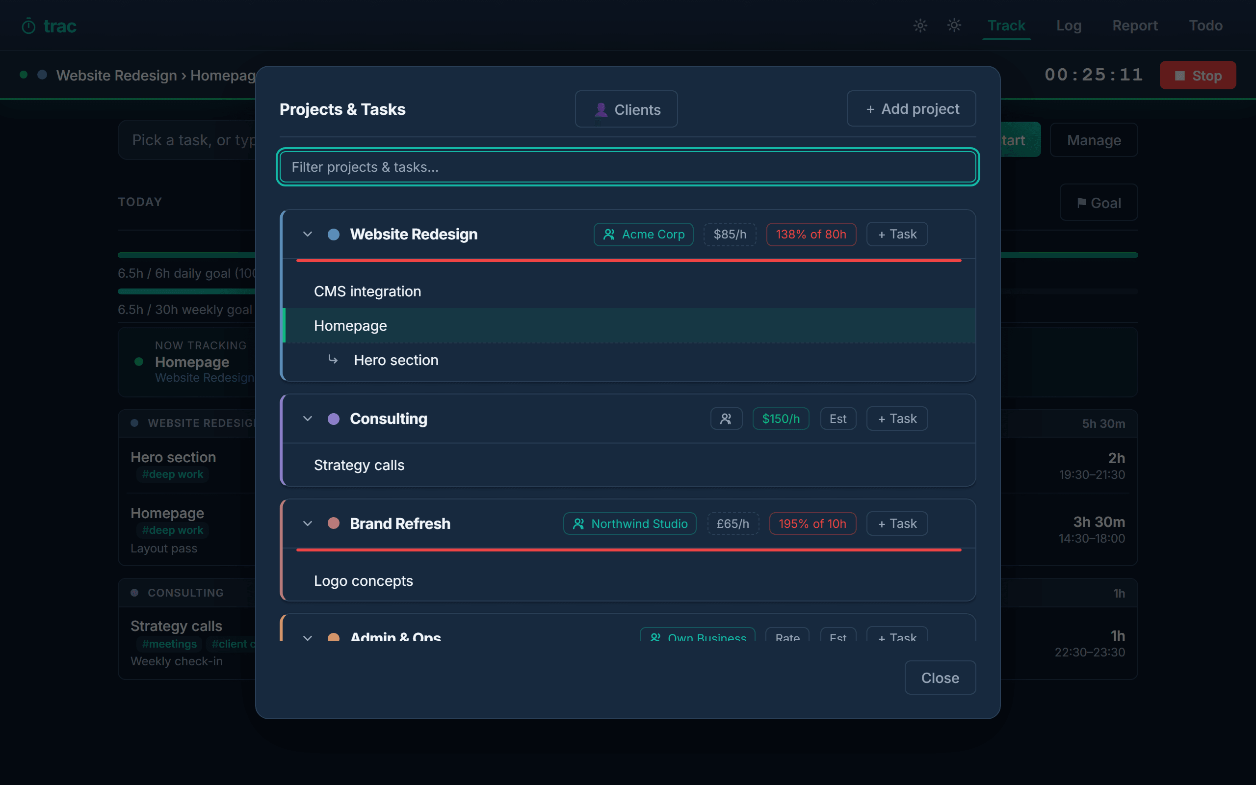 The Manage projects and tasks dialog