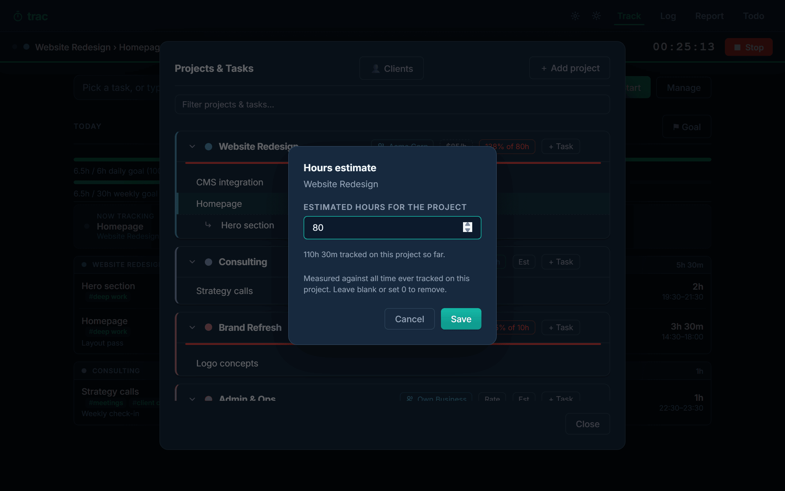 Setting an hours estimate on a project