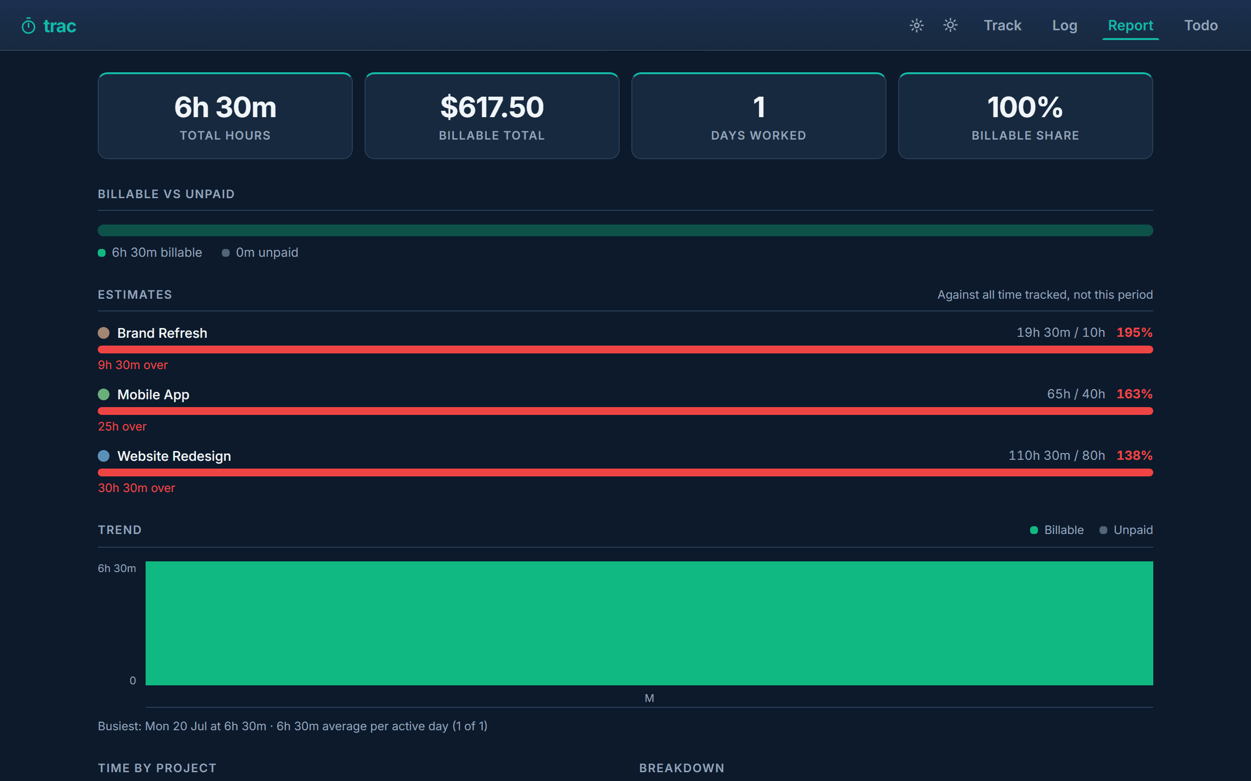 The estimates section on the Report tab