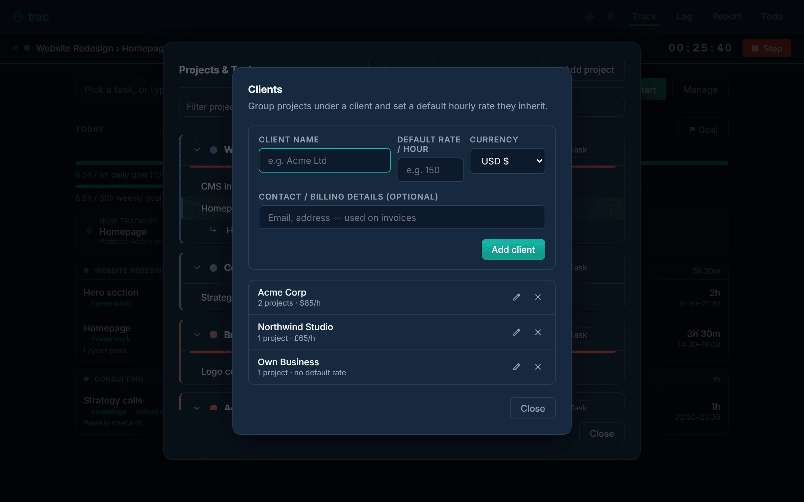 The clients dialog
