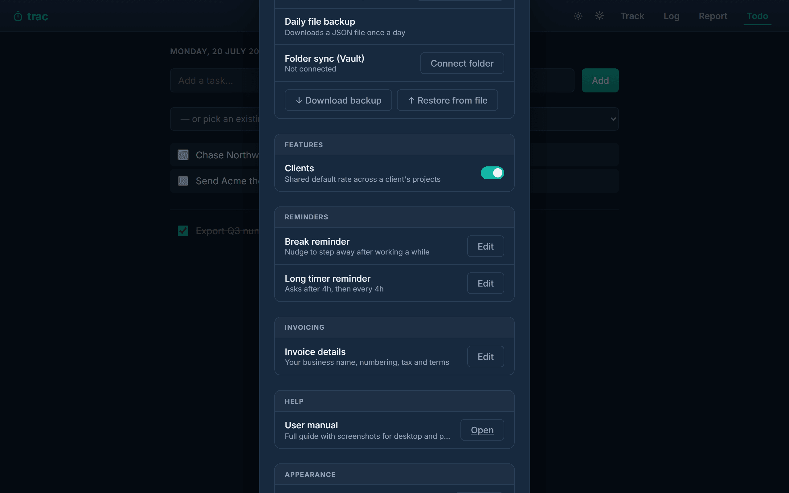 The settings dialog
