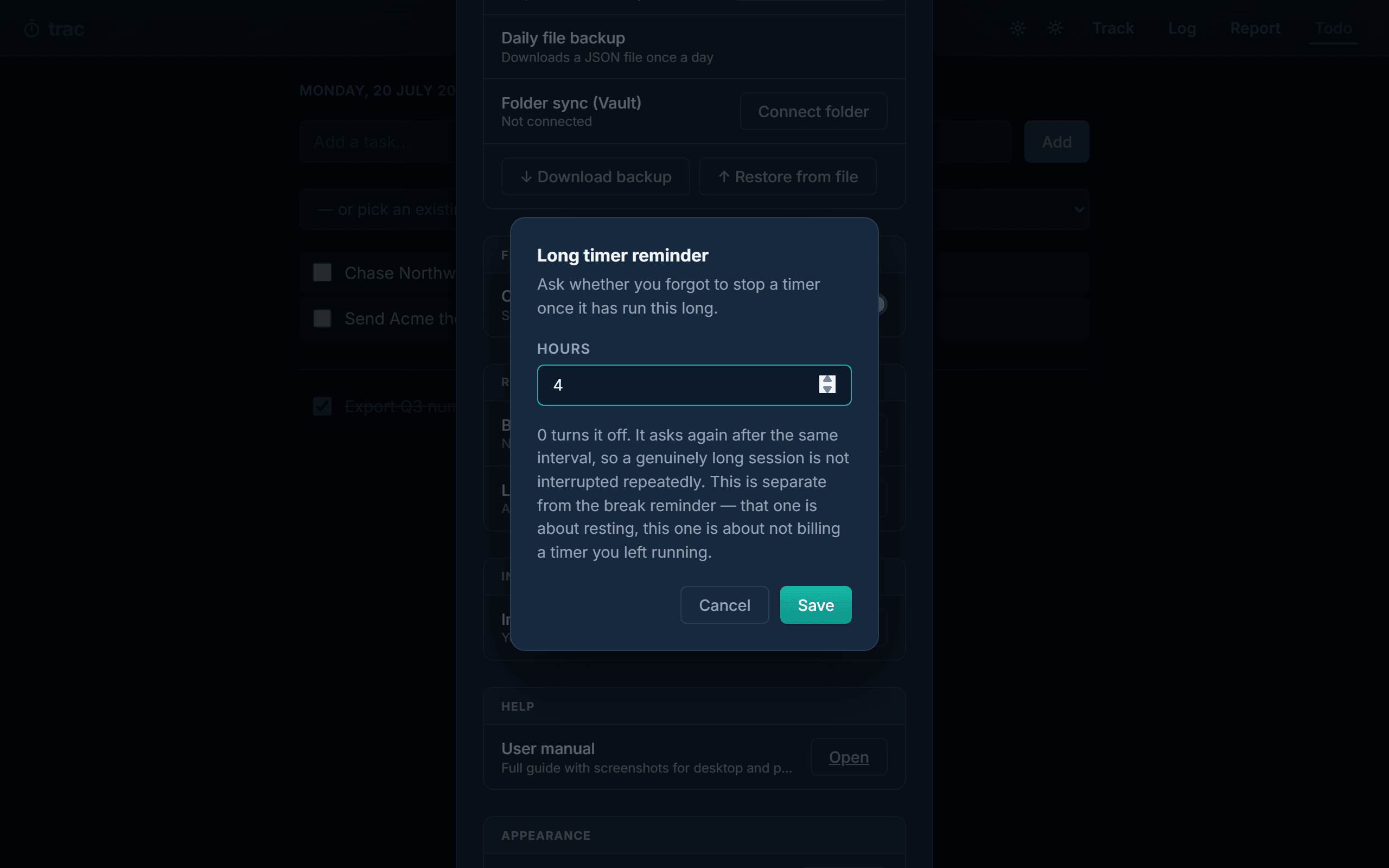 Configuring the long timer reminder